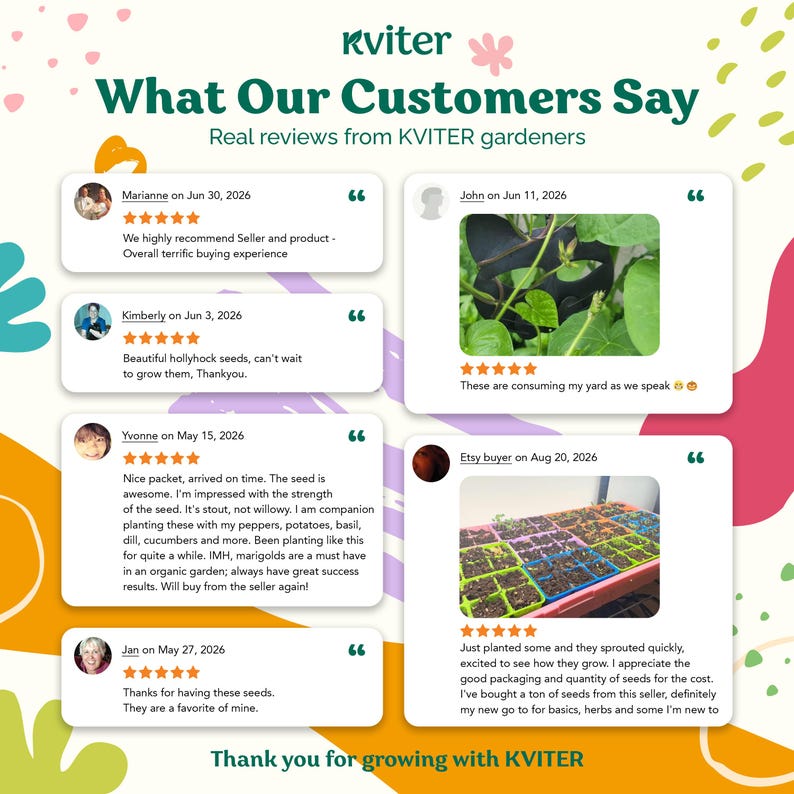 The image is a collage of four customer reviews for KVITER gardeners, featuring various seeds and gardening tips.
