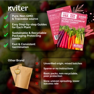 May include: A packet of Heirloom Rainbow Blend Carrot seeds with the Kviter logo. The packet displays a variety of colorful carrots. The image also shows a comparison with another brand, highlighting features like non-GMO and easy-to-follow guides.