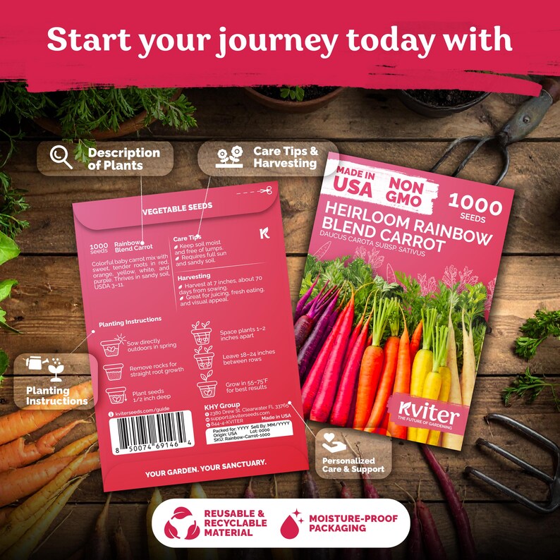 May include: Two seed packets for heirloom rainbow blend carrots. One packet is red with planting instructions and the other is orange with a picture of colorful carrots. The packets are labeled "Non GMO" and "1000 seeds."
