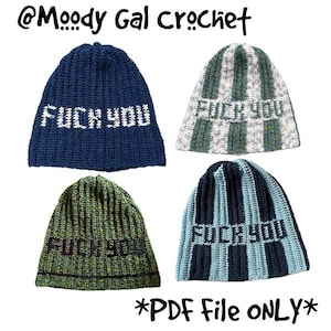 May include: Four crocheted beanies in navy blue, green, and blue with the text "FUCK YOU" in white. The beanies are handmade and feature a ribbed design. The text "@Moody Gal Crochet" and "*PDF File ONLY*" are also visible.