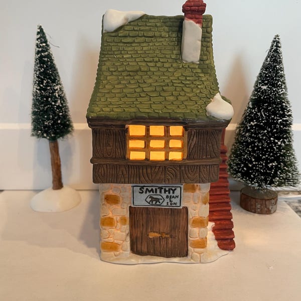 HV Smithy & Son - Vintage Department 56 -  Lighted Hand Painted Porcelain Building - Light and Box Included (1984)