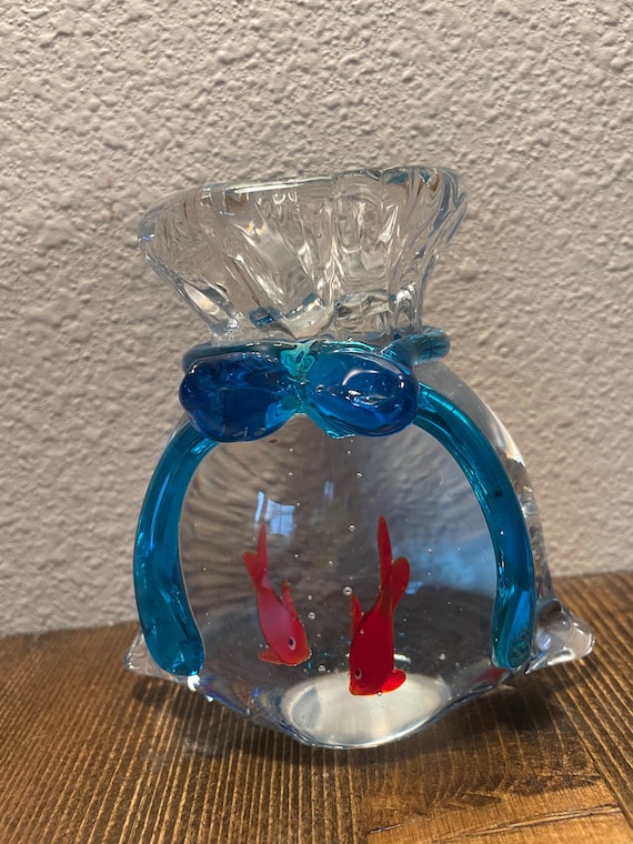 Solid glass paperweight, fish in a bag with blue bow, 5th Avenue Crystal, Ltd.  Pre-owned, vintage early 2000’s, no box