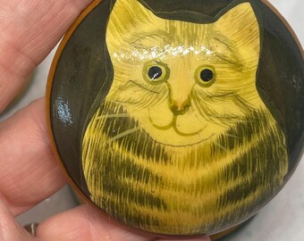Vintage Hand painted wooden trinket box from Glastonbury, England in 1996 - Tabby cat