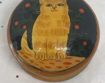 Vintage hand-painted wooden cat trinket boxes purchased in Glastonbury, England in 1996- Orange cat