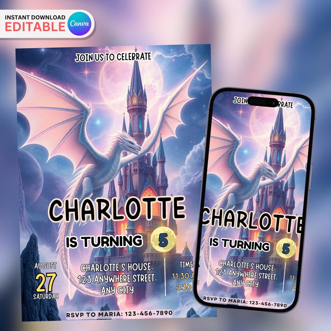 Editable Dragon Birthday, Fantasy Dragon Birthday Invitation ...