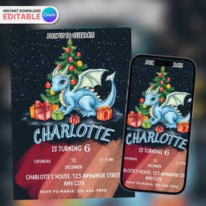 Aniversário de dragão de neve editável, convite de aniversário de dragão de fantasia, cartão de convite editável, convite de aniversário jurássico, convite para impressão