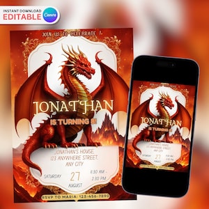 Editable Red Dragon Birthday Invitation Card Editable Template, Fantasy Dragon Birthday Invitation, Jurassic Invite, Printable Invite