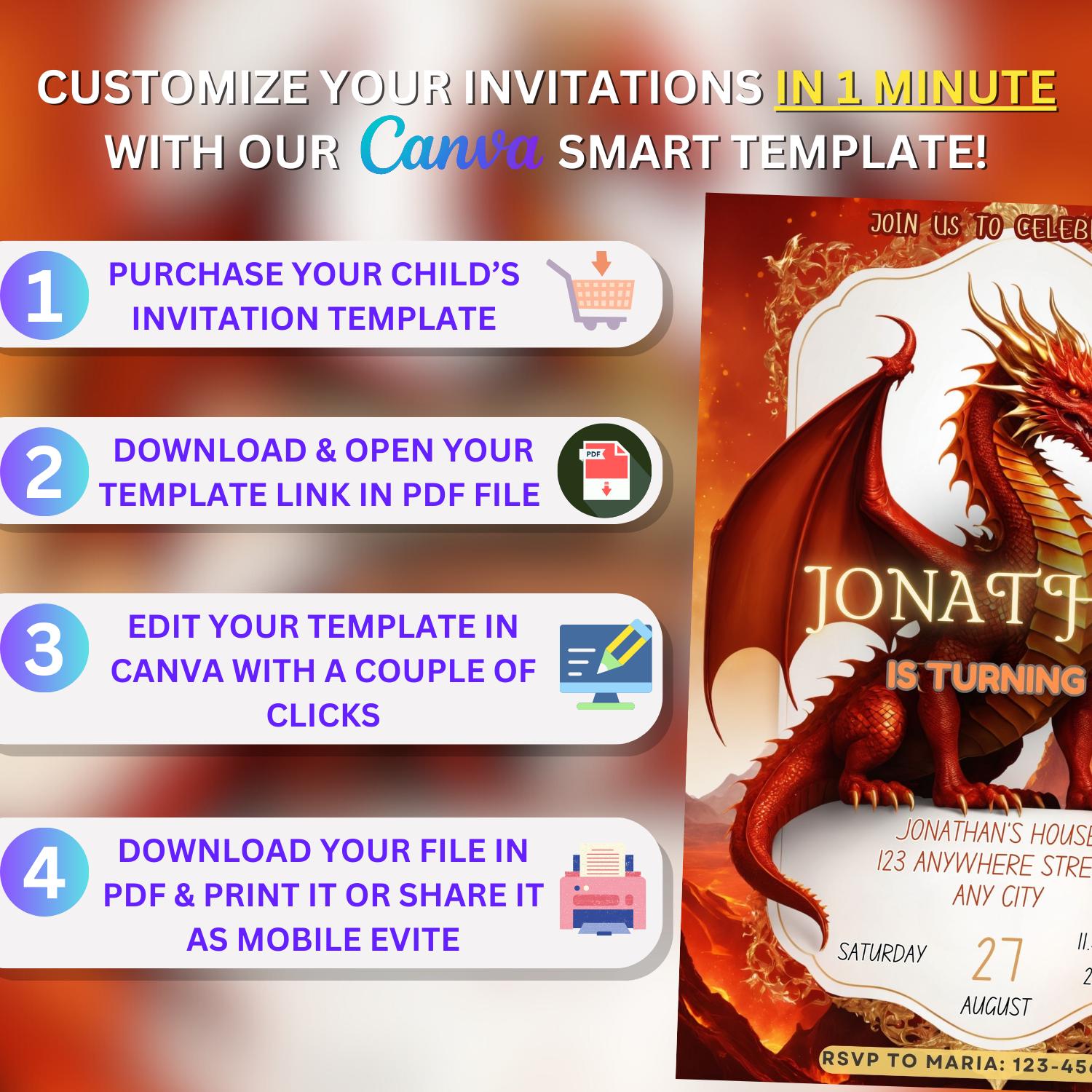 Editable Red Dragon Birthday Invitation Card Editable Template, Fantasy ...