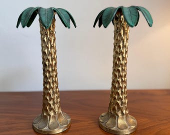 Vintage Brass Copper Palm Tree Candlesticks Pair | Hollywood Regency Tropical Bar Decor