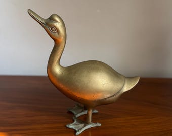 Vintage Solid Brass Duck or Goose Figurine – Large Brass Bird Sculpture, MCM Decor