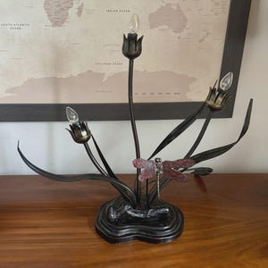 Art Nouveau Style Lamp - Floral Design with Red Dragonfly - Beautiful Vintage Lamp
