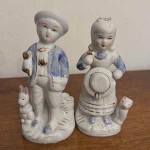 1940&#39;s Delftware Porcelain Little Boy Blue and Mary Had a Little Lamb Figurines - Set - Excellent Condition