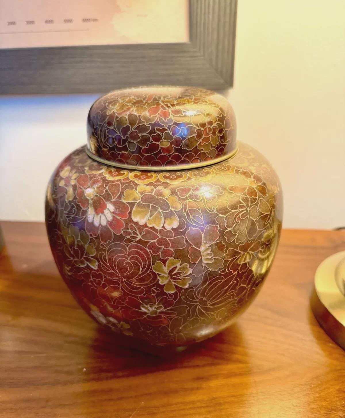 20e-eeuwse antieke cloisonné-email en messing gemberpot met deksel