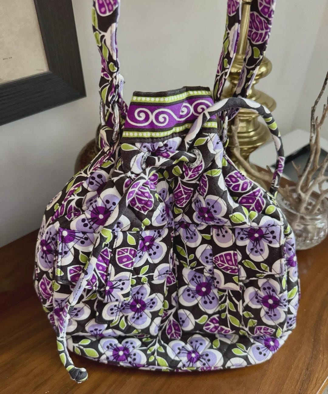RARE Vera Bradley Bucket Drawstring Crossbody Bag in Plum Petals