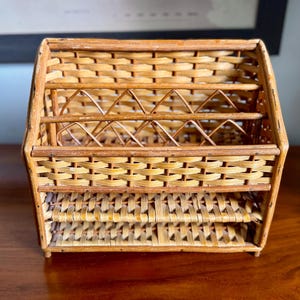 Vintage 1970s Wicker Desk Organizer - Rattan Mail Sorter & Stationery Rack Boho