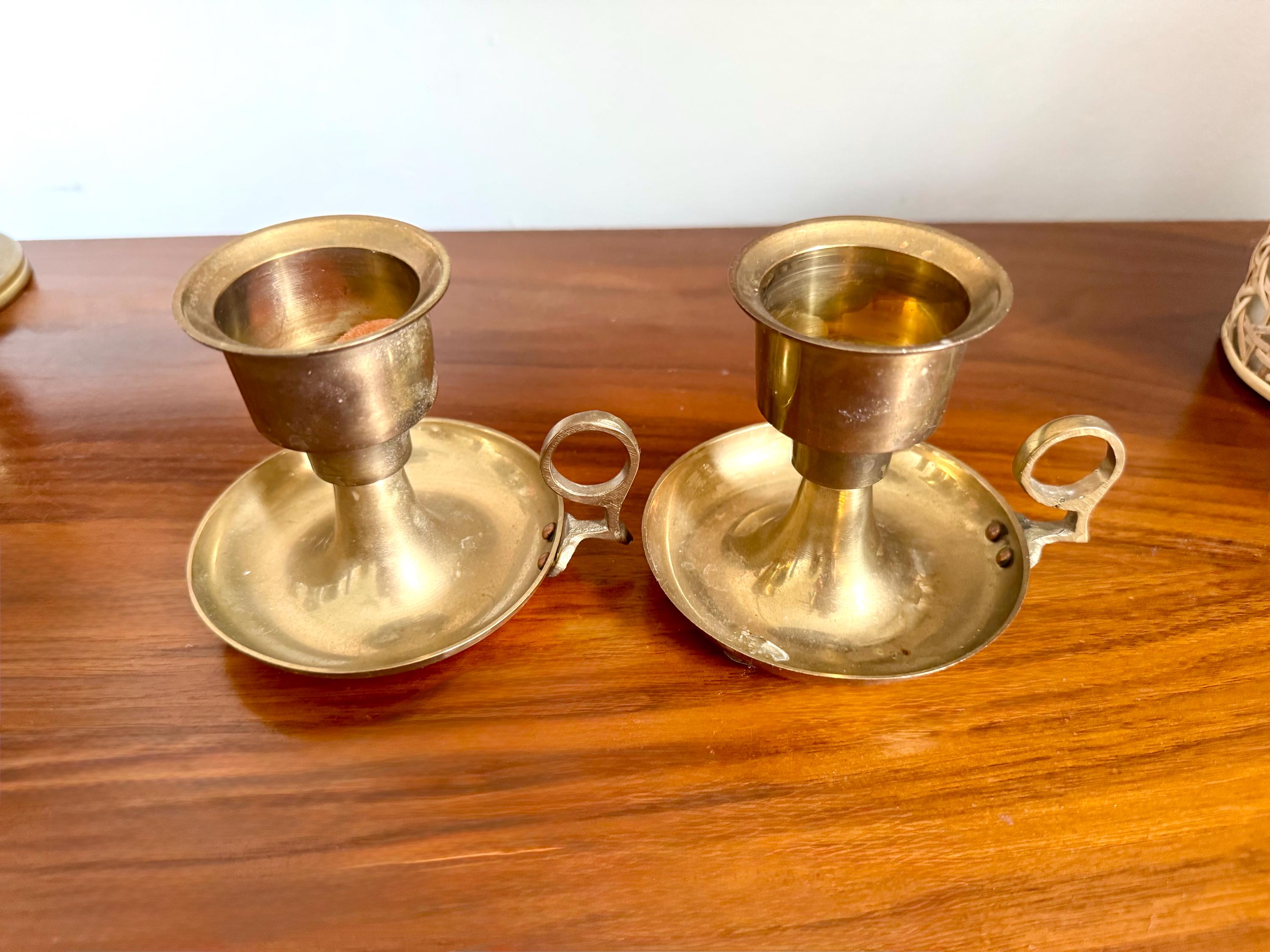 Vintage Solid Brass Chamberstick Candle Holder with Loops 3.5” Set (2) - Colonial, Gorgeous Condition!
