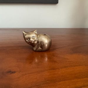 May include: A small, brass cat figurine with a seated pose. The cat has detailed facial features and a smooth, polished surface. The figurine is placed on a wooden surface, with a framed map in the background.