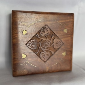Beautiful Hand-Carved Wood Box with Brass Inlay Detail and Brass Hinges