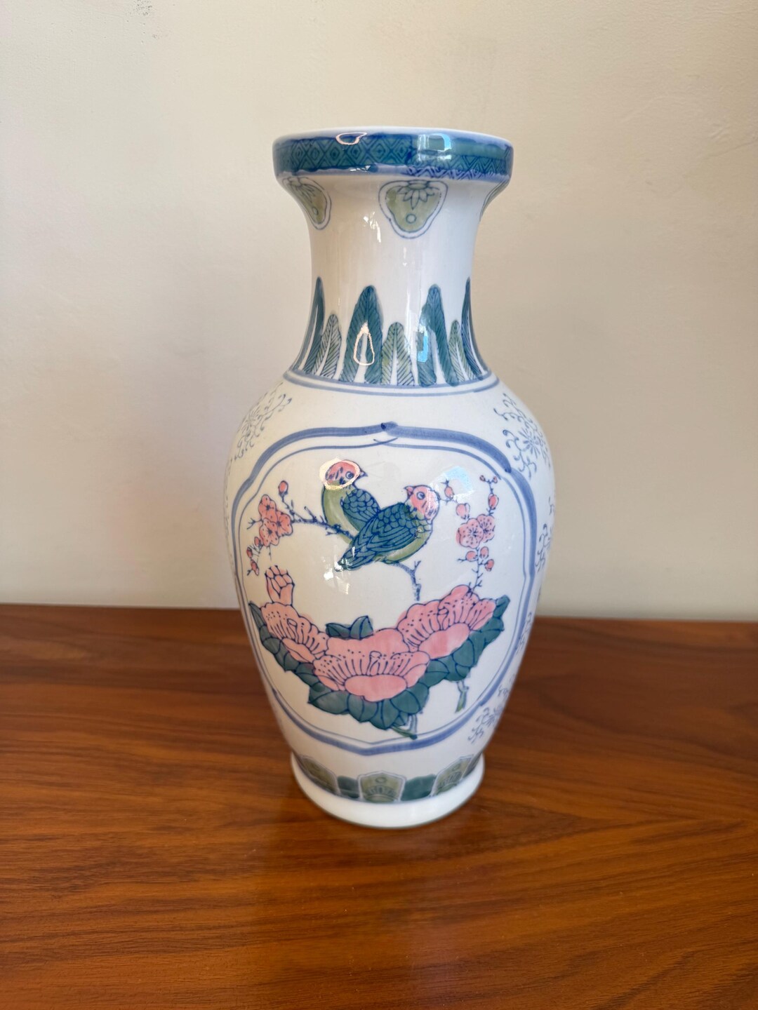 Vintage Hand Painted Asian Vase - Floral Bird Motif - Chinoiserie Decor ...