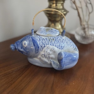 Unique Blue & White Hand-Painted Koi Fish Teapot Woven Handle Ceramic Figurine