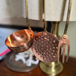 Vintage Copper & Brass Hanging Kitchen Utensil Set – Ladle, Strainer, Fork Trio