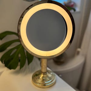 Vintage Brass Pedestal Magnifying Adjustable Makeup Mirror with Light Swivel 16”