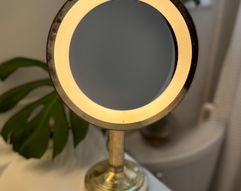 Vintage Brass Pedestal Magnifying Adjustable Makeup Mirror with Light Swivel 16”