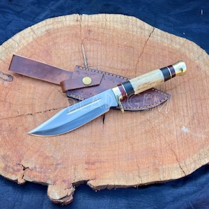 Handmade Stag Horn Bowie Knife: D2 Steel Hunting, Leather Sheath