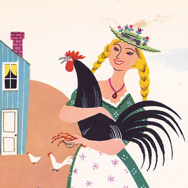 A Bird in the Hand vintage 1949 illustration page chicken rooster farm Alice and Martin Provensen - Free U.S. shipping