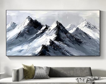 Hand-Painted Abstract Mountain Oil Painting Black White Gray Modern Minimalist Wall Art for Living Room Entryway Dining Room