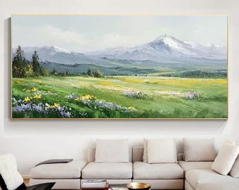 Hand-Painted Abstract Landscape Oil Painting, Green Grassland with Distant Snowy Mountains, Wall Art for Living Room, Entryway, Dining Room