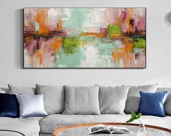 Hand-Painted Abstract Oil Painting Colorful Art Modern Minimalist Wall Decor for Living Room Entryway Dining Room