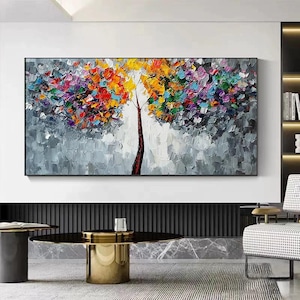 Hand-Painted Colorful Abstract Tree Oil Painting Modern Minimalist Wall Art for Living Room Entryway Dining Room