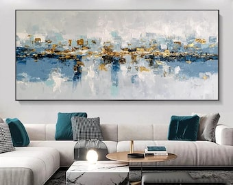 Hand-Painted Blue Abstract Oil Painting Modern Minimalist Wall Art for Living Room Entryway Dining Room