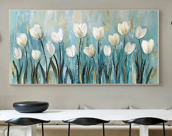 Hand-Painted Oil Painting Abstract Tulip Floral Art Modern Minimalist Wall Decor for Living Room Entryway Dining Room