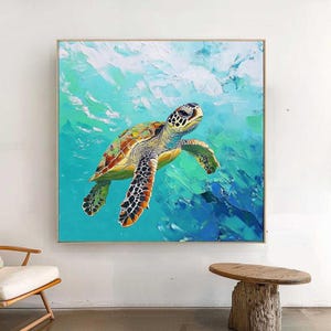 Peinture à l'huile animale abstraite peinte à la main, tortue de mer avec océan bleu et vert, décoration murale minimaliste moderne pour salon, entrée