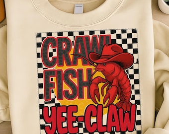 Funny Crawfish Yee Claw PNG, Retro Cowboy Crab Western Summer PNG, Southern Fisherman Meme Design, Vintage DTF Sublimation Clipart