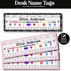 Può includere: Etichette da scrivania con una linea dell'alfabeto, nomi dei colori, forme e una linea numerica da 1 a 20. Il design include il nome Olivia Anderson, icone di mani sinistra e destra, con motivi a marmo bianco e nero o a quadretti rosa.