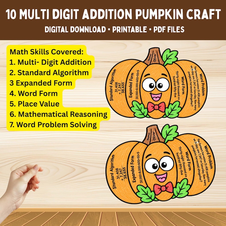 May include: A printable multi-digit addition pumpkin craft featuring two orange cartoon pumpkins with faces and bow ties. The pumpkins display math problems including standard algorithm, expanded form, word form, and word problems for students.