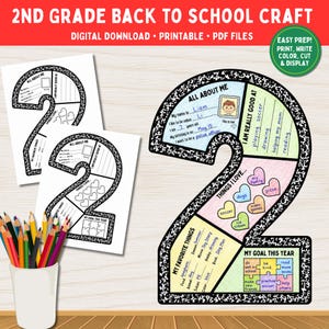 Könnte beinhalten: Eine druckbare Bastelvorlage für die zweite Klasse in Form einer großen Zahl zwei, unterteilt in Abschnitte für persönliche Informationen, Hobbys und Ziele. Das Arbeitsblatt enthält Textfelder für Schülerdaten, Herzsymbole und eine Puzzle-Grafik.