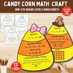 Può includere: Schede didattiche Candy Corn Math Craft per la 3ª-4ª classe con due grandi sagome di mais dolce colorate in giallo e arancione. Una ha un fiocco rosa, l'altra un cappello da strega. Il testo include equazioni e problemi matematici.