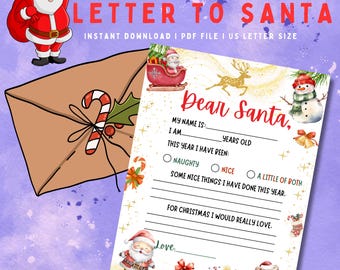 Printable Letter to Santa, Kids Christmas Wish List (Digital Download)