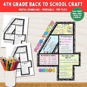 Può includere: Un progetto digitale di artigianato per il rientro a scuola in quarta elementare, con un foglio di lavoro a forma di numero quattro diviso in sezioni come All About Me, My Super Goals, My Favorite Things e This Year, I Can't Wait To, e matite.