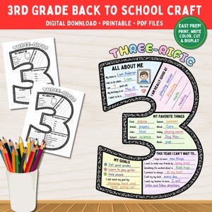May include: A 3rd grade back to school craft activity sheet shaped like the number three with sections titled All About Me, I Am Really Good At, My Favorite Things, My Goals, and This Year I Can't Wait To, featuring colorful handwritten text.