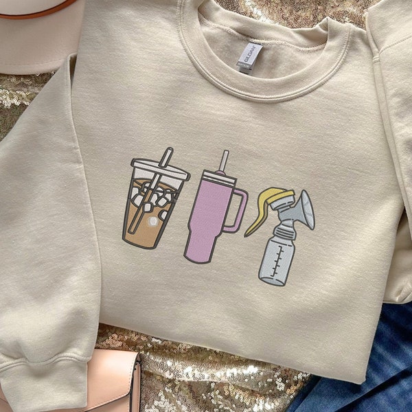 Mom Breastfeeding Trio Embroidered Sweatshirt, Funny New Mom Shirt, Coffee Tumbler Milk shirt, Pumping Mom Tee, Nursing Mom tee