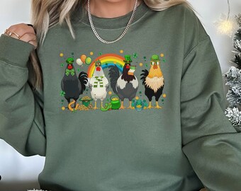 Chickens St Patricks Day Comfort Colors Sweatshirt, Lucky Chicken Lover Sweater, Chicken Irish Day Sweatshirt, Chicken Shamrock Rainbow