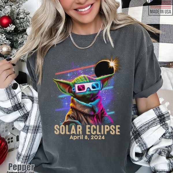 Neon Baby Yoda Solar Eclipse Shirt, Total Solar Eclipse 2024 Comfort Colors Tshirt, Space Star Wars Sweatshirt, April 8th 2024 Tee