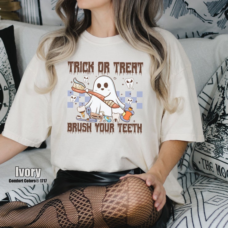 Trick Or Treat Brush Your Teeth Shirt, Halloween Dentist Comfort Colors Tshirt, Spooky Dental Hygiene Sweatshirt, Ghost Dentist Gift