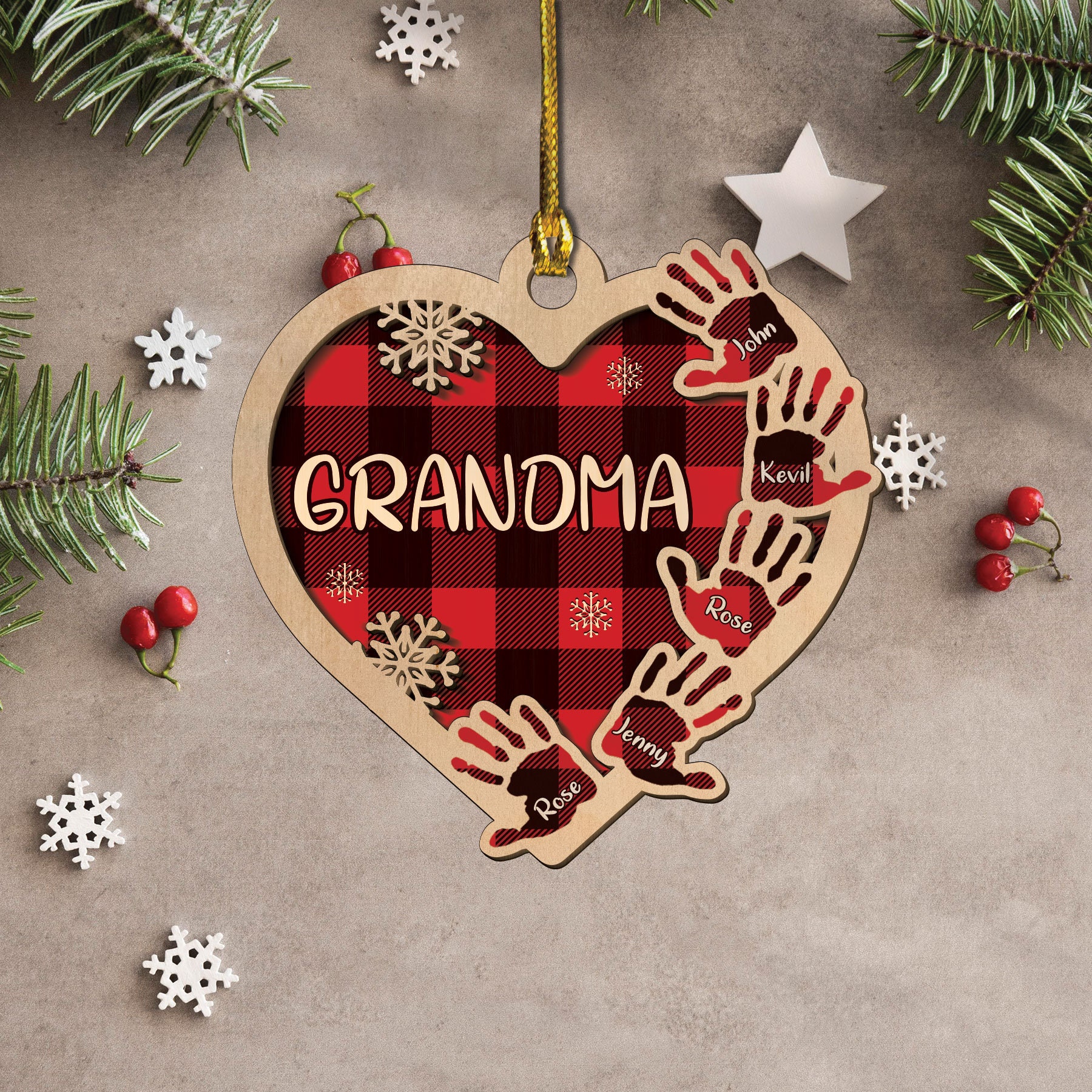 Grandma Mom Heart Hand Print Personalized Wood Ornament Custom Family Name Ornament for Xmas Christmas Birthday 