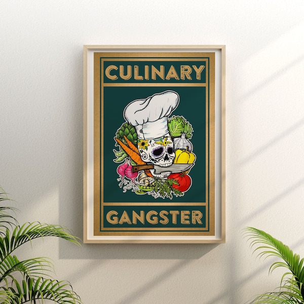 Culinary Gangster Chef Poster, Kitchen Wall Decor, Funny Gift for Chef, Knife Chef, Sugar Skull Chef Print, Cooking Wall Art, Cooking Lover